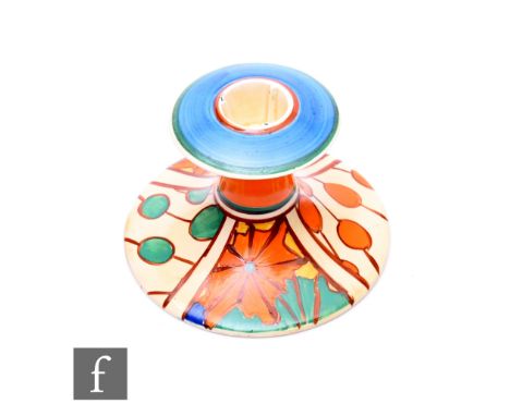 Clarice Cliff - Umbrellas &amp; Rain -&nbsp;A shape 310 candlestick circa 1930, hand painted with repeat panels of sunburst m