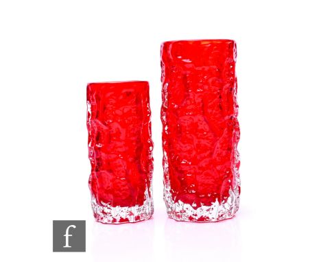 Geoffrey Baxter - Whitefriars - Two post war Textured range Bark vases in Ruby, pattern number 9690, height 19cm and pattern 