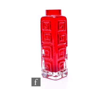 Geoffrey Baxter - Whitefriars - A mid century Greek Key vase, pattern number 9810, in Ruby, height 19.5cm.