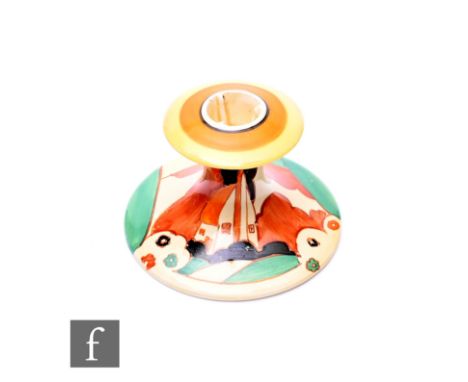 Clarice Cliff - Farmhouse - A shape 310 candlestick circa 1931, hand painted with a tree and cottage landscape with orange, y