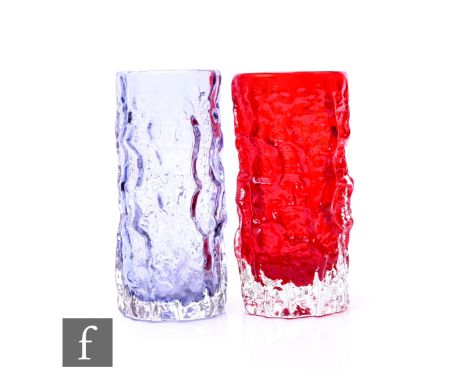 Geoffrey Baxter - Whitefriars - Two post war Textured range Bark vases pattern 9689 in Lilac and Ruby colours, height 15.5cm.