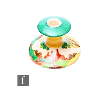 Clarice Cliff - Secrets - A shape 310 candlestick circa 1932, hand painted with a stylised coastal tree and cottage landscape