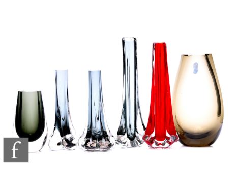 Whitefriars - A group of glass vases of flattened ovoid form vase, pattern number 9490, in twilight, retaining partial label,