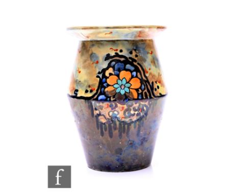 John Butler - Storm - An A.J. Wilkinson shape 342 vase with hand painted stylised floral decoration against a yellow, blue an