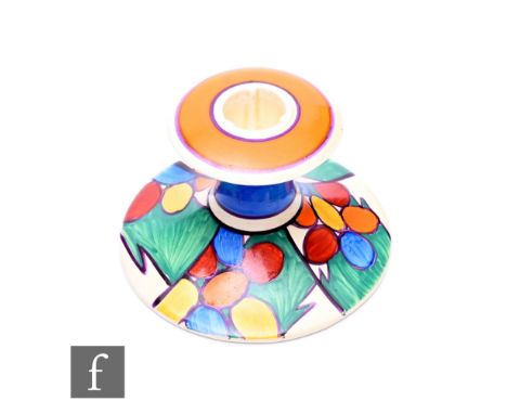 Clarice Cliff - Pebbles - A shape 310 candlestick circa 1930, hand painted with repeat panels of oval discs with lightening f