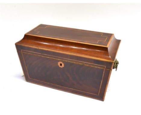 A GEORGE III MAHOGANY TEA CADDY  with inlaid and crossbanded decoration, of sarcophagus form, 31cm wide
