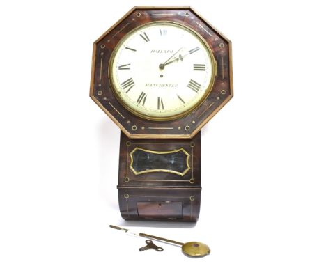 AN EARLY 19TH CENTURY BRASS MOUNTED DROP DIAL WALL CLOCK  with fusee movement, the 12' convex enamel dial signed 'Hall &amp; 