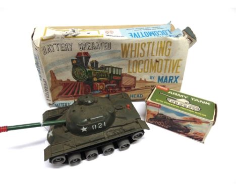 ASSORTED TOYS  comprising a Marx plastic and tinplate Whistling Locomotive, battery-operated (not tested), boxed, the box wor