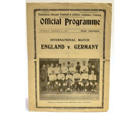 FOOTBALL - PROGRAMME, ENGLAND V. GERMANY, 1935  played at Tottenham Hotspur (horizontal and light vertical fold-line; 2cm for