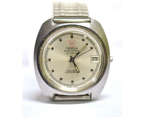 OMEGA, ELECTRONIC F300HZ  a gentleman's stainless steel tonneau-shaped wristwatch, circa 1972 silvered dial with raised baton