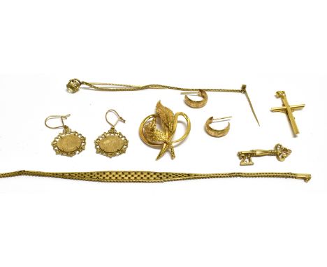 A COLLECTION OF MOSTLY GOLD JEWELLERY INCLUDING A MODERN ITALIAN 9CT GOLD TEXTURED-LEAF AND POLISHED-SCROLL SPRAY BROOCH impo