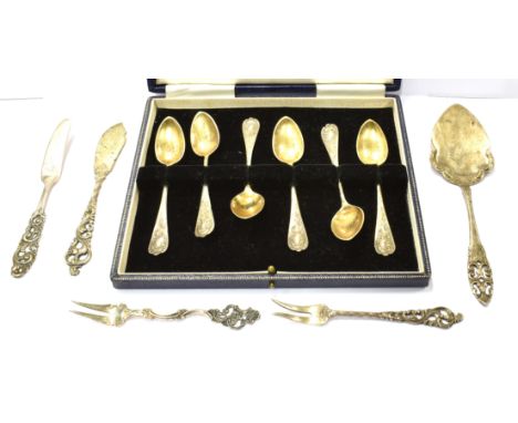 A COLLECTION OF SILVER AND PLATED ITEMS INCLUDING A SET OF SIX GERMAN PARCEL GILT .800 STANDARD COFFEE SPOONS a silver trumpe