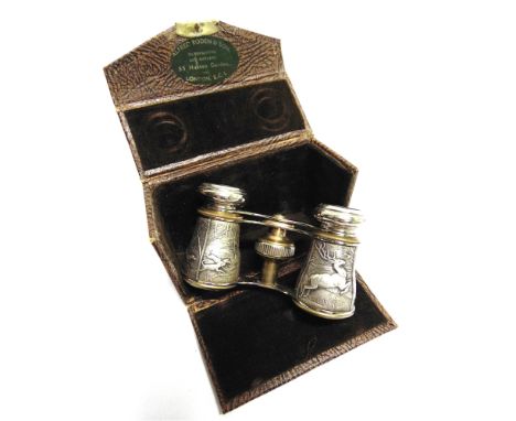 A PAIR OF OPERA GLASSES  the barrels with embossed stag-hunting scenes, in a rexine covered case with interior label for Alfr
