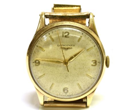 LONGINES, A GENTLEMAN'S 9CT GOLD ROUND BRACELET WATCH, CIRCA 1956 cream dial with baton numerals and Arabic quarters, dauphin