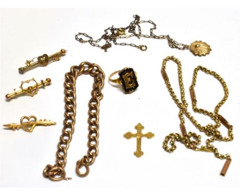 A COLLECTION OF MOSTLY GOLD JEWELLERY INCLUDING A ROSE GOLD GRADUATED HOLLOW-CURB BRACELET (lacking a clasp and damaged), 21c