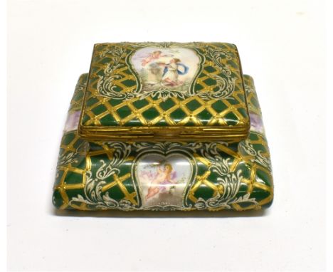 A FRENCH ENAMEL BOX  with gilt metal mounted hinged cover, decorated with landscape scenes and cherubs, painted mark to base 