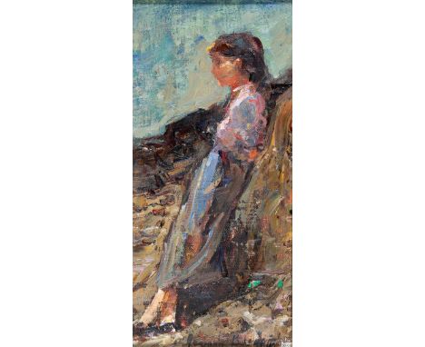 CONTINENTAL SCHOOL (20TH CENTURY)  Portrait of a girl leaning against a rock,  oil on board, indistinctly signed lower right,