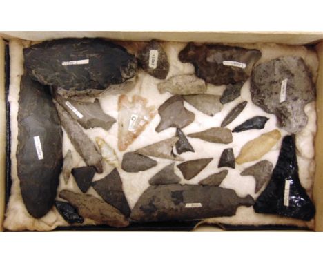 A COLLECTION OF PREHISTORIC WORKED FLINT ARROW HEADS &amp; TOOL BLADES  (approximately 30); together with several antimony sp