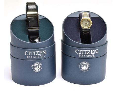 CITIZEN, ECO DRIVE, A LADY'S STAINLESS STEEL AND GILT BRACELET WATCH AND A GENTLEMAN'S STAINLESS STEEL AND BLACK CERAMIC(?) W