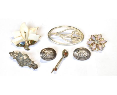 A SCOTTISH SILVER OVAL FLORAL BROOCH AND OTHER JEWELLERY the Scottish brooch of oval openwork design with a central flower an