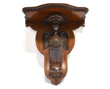 A CARVED MAHOGANY WALL BRACKET  with gryphon support, 38cm wide 42cm high