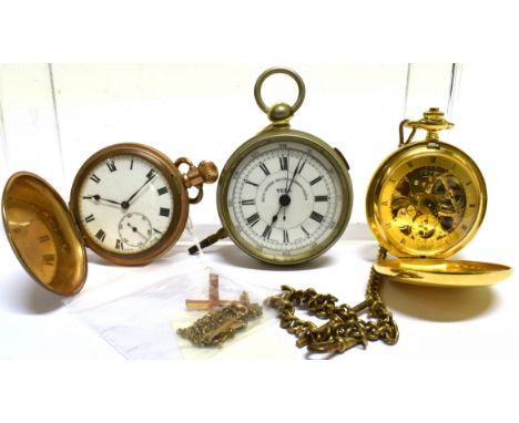 THREE POCKET WATCHES AND A CROSS AND CHAIN the pocket watches comprising; an early 20th century gold-plated hunter cased keyl