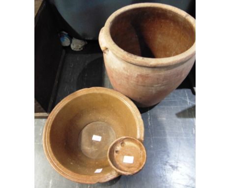 A LARGE 19TH CENTURY TERRACOTTA CROCK  35cm high, together with a basin 37cm diameter