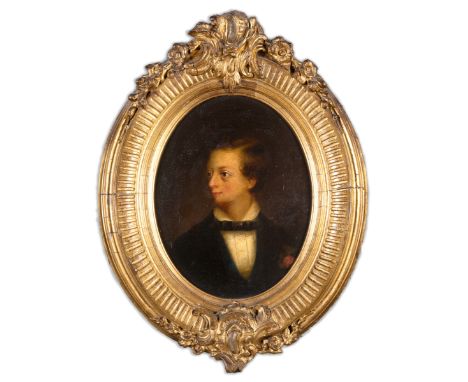 BRITISH SCHOOL (19TH CENTURY)  Portrait of a young man,  oil on board, unsigned, 26cm x 20cm (oval), in a decorative gilt fra