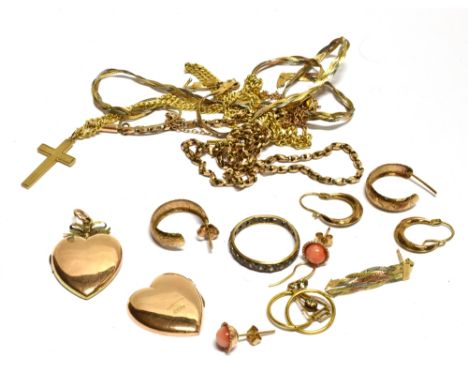 A COLLECTION OF MISCELLANEOUS MOSTLY 9CT GOLD JEWELLERY INCLUDING A DAMAGED HEART-SHAPED LOCKET an early 20th century rose go