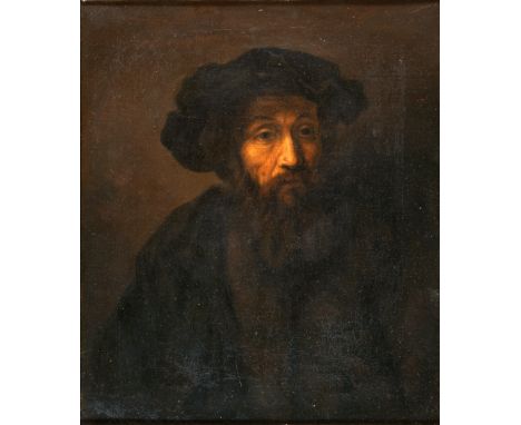 MANNER OF REMBRANDT VAN RIJN  A bearded map in a cap,  oil on canvas, unsigned, 41cm x 34.5cm.  Note: This bears a striking s