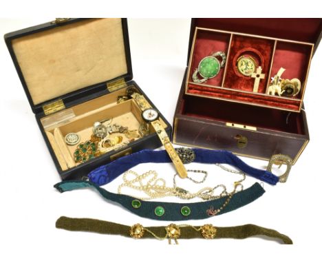 A COLLECTION OF COSTUME JEWELLERY IN TWO LEATHER BOUND JEWELLERY BOXES  including a small micro-mosaic arched-rectangular pho