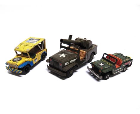 THREE TINPLATE MODEL JEEPS  including two Japanese U.S. Army examples, the largest 19cm long. 