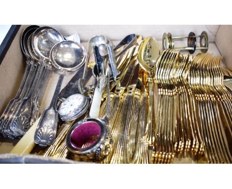 A GOLD-PLATED TABLE SERVICE FOR EIGHT TOGETHER WITH VARIOUS PLATED FLATWARE AND OTHER ITEMS including a set of six fiddle, th