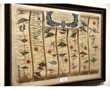 [MAPS].  Ogilby, John (1600-1676). 'The Road from Exeter to Truroe', engraved ribbon map, hand-coloured, 38.5cm x 49cm, frame