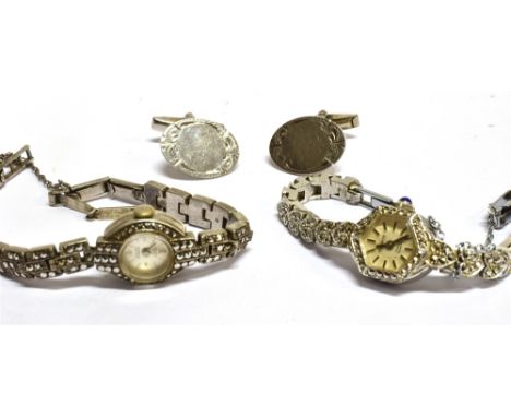 TWO MARCASITE BRACELET WATCHES AND A PAIR OF CUFFLINKS Comprising; Swiss Empress, a silver and marcasite round bracelet watch