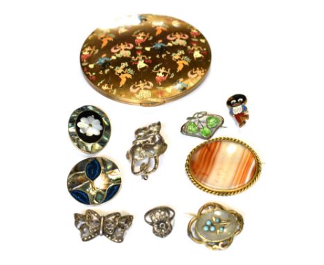 A CHARLES HORNER SILVER AND ENAMELLED GREEN-LEAF LOZENGE-SHAPED BROOCH AND A COLLECTION OF COSTUME JEWELLERY Including; a sil
