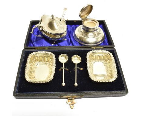 A COLLECTION OF SMALL SILVER INCLUDING A PAIR OF VICTORIAN PART-FLUTED RECTANGULAR SALTS with gadrooned borders, each 6.5cm l