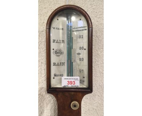 A WALNUT CASED STICK BAROMETER  the ivorine register inscribed 'W GAME 14 GLOUCESTER TERRACE SOUTH KENSINGTON', 90cm high