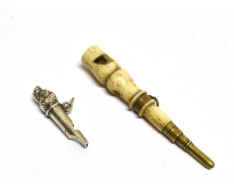 ASSORTED COLLECTABLES  comprising a miniature silver-coloured metal whistle with a dog's head terminal, 2.75cm long; and a bo