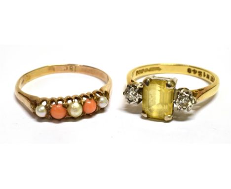 TWO GOLD AND GEM RINGS, INCLUDING A VINTAGE 18CT GOLD, YELLOW BERYL AND DIAMOND THREE STONE RING  centred with a cut-corner r