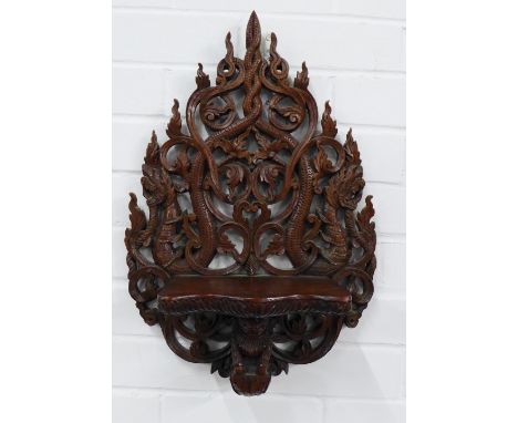 Thai carved wooden serpent panel with integrated shelf , 52 x 24cm 