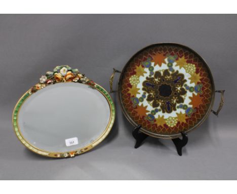 Vintage Barbola mirror and a Gouda tray with brass mounts (2) 