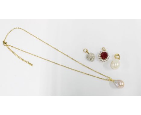 9ct gold pendants to include a diamond heart shaped pendant and, a ruby pendant, silver gilt chain with pearl drop and anothe