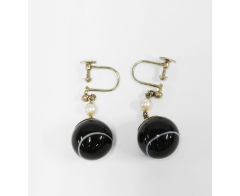 A pair of banded agate and pearl drop earrings, stamped 18ct 