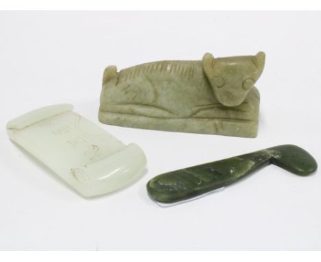 Carved jade buckle, 9cm, jadeite animal and a spinach green jadeite knife (3) 
