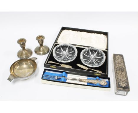 Presentation silver quaich, Edinburgh 1994, pair of silver desk candlesticks, silver handled pickle fork, glass box with epns