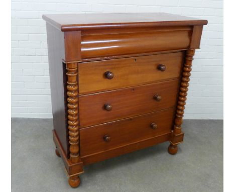 19th century mahogany scotch chest, with a cushion fronted drawer over three long drawers flanked by spiral columns, om an in