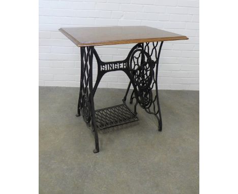 Vintage Singer sewing table, black metal base and rectangular wood top. 76 x 74 x 52cm. 