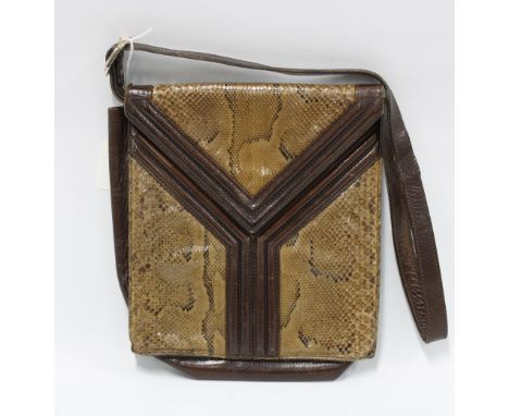 Vintage Yves Saint Laurent Paris, snakeskin and brown leather handbag, 22 x 25cm 