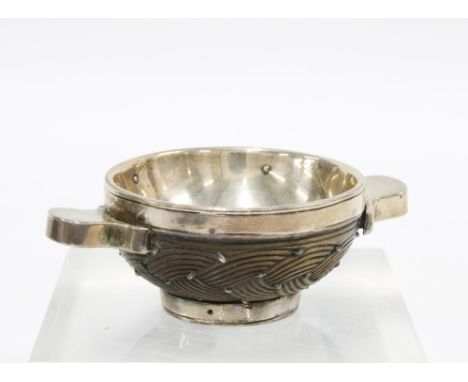 Silver mounted wooden quaich of traditional form with woven knot design, the bowl with a circular Squab As e (Sweep it up) mo